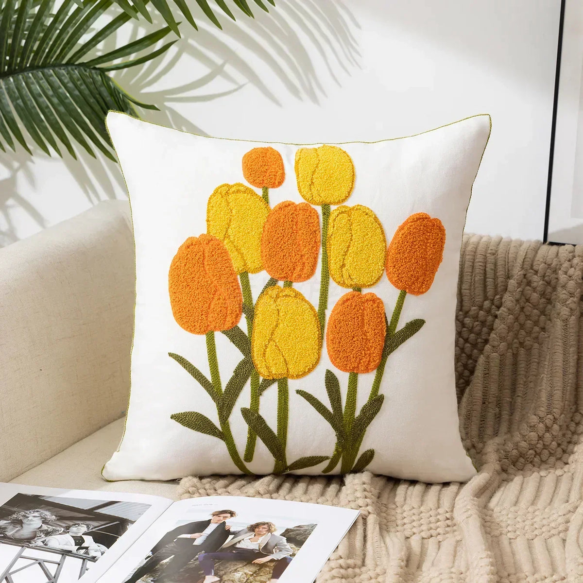 Floral Embroidered Throw Pillow Cover 18x18 Inches Cotton Canvas White Decorative Cushion Case for Couch Bed Chair Farmhouse Modern Living R