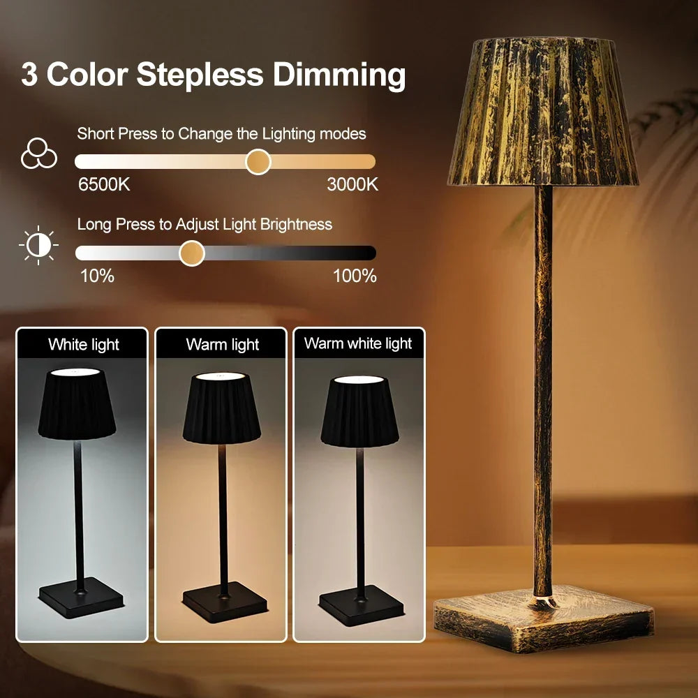 Cordless Rechargeable Table Lamp with Pleated Shade & Touch Dimmer – Classic LED Bedside Light for Bedroom Living Room