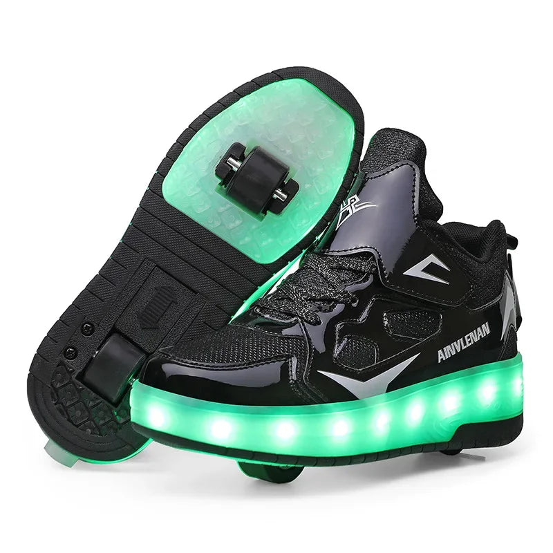 Kids Light-Up Skate Sneakers with Wheels Pink LED Roller Shoes Velcro Strap Boys Girls Youth Rechargeable Glowing Athletic Footwear