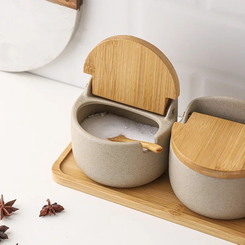 Spice Jars with Bamboo Lid and Spoon, Ceramic Salt Cellar, Japanese Seasoning Jar for Sugar and Spices, Kitchen Canister