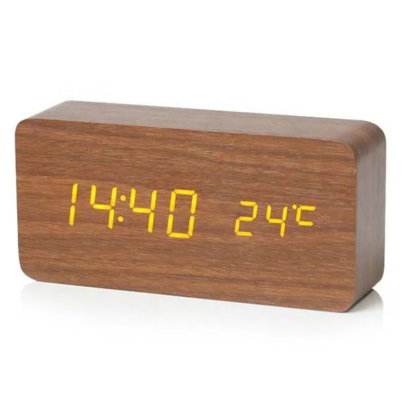 Wood Grain Digital Alarm Clock with LED Display – Silent No-Tick Design for Bedroom, Nightstand & Desk – Battery or USB Powered Timepiece