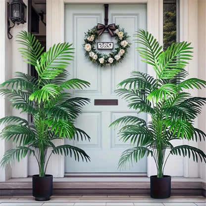 Faux Tropical Palm Plant 35-Inch Tall Duo Indoor Outdoor Green Foliage Living Room Entryway Corner Décor No-Water Maintenance-Free Greenery