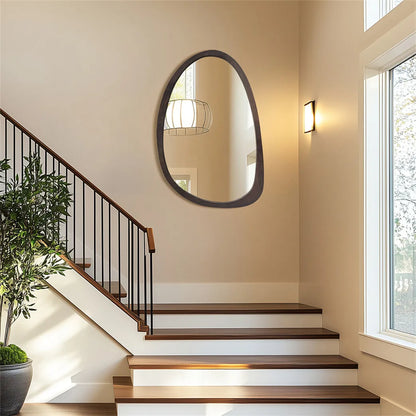 Asymmetric Wooden Frame Mirror 20x28 in Walnut Finish Rubberwood Contemporary Decor for Entryway Living Room Bedroom Hallway