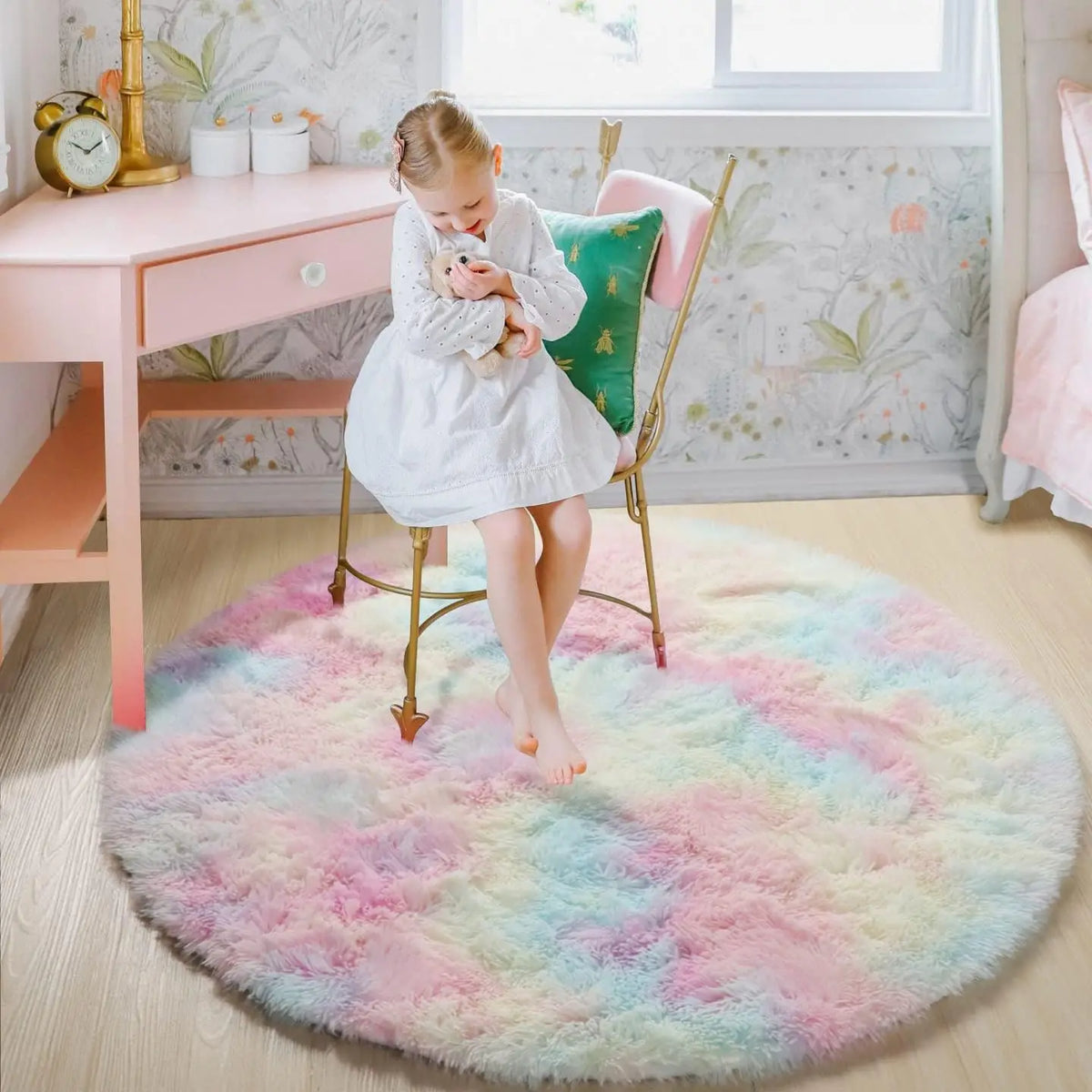 Plush Kids Floor Mat with Memory Foam 39 in Round Anti-Slip Shaggy Rug for Nursery Bedroom Play Space Reading Corner Soft Cushioned Circle C