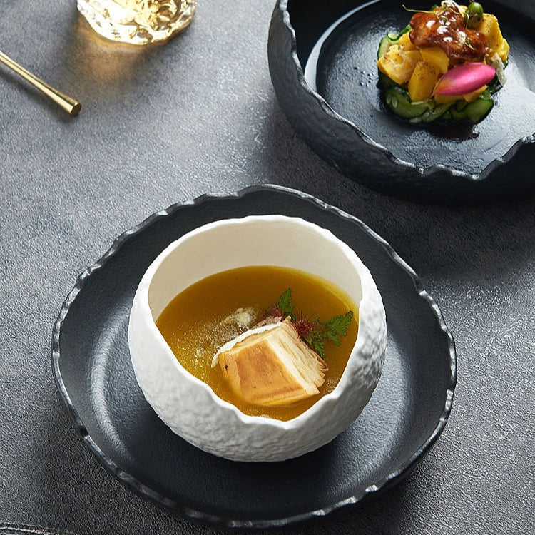 Porcelain Serving Bowl 8 Inch Round Dish for Salads Soups Desserts Appetizers Snacks Kitchen Dinnerware White Black