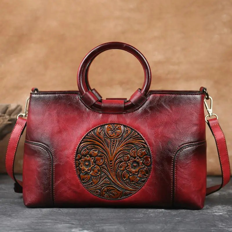 Embossed Leather Handbag for Women with Adjustable Strap and Multiple Compartments – Vintage-Inspired Shoulder Bag Purse
