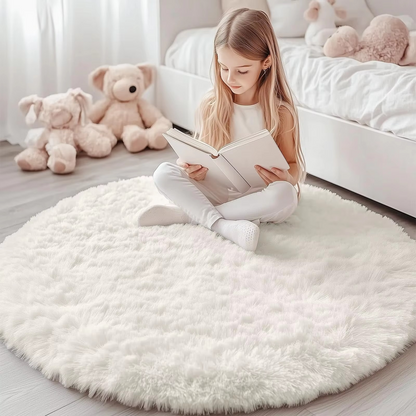 Round Shag Area Rug 59 Inch – Ultra Soft Plush Circle Carpet for Living Room Bedroom Playroom Nursery – Non-Slip Backing Machine Washable