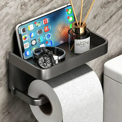 Wall-Mount Bathroom Tissue Holder with Top Shelf for Phone Storage Black Aluminum 7.2 Inch Powder Room Organizer Compact Space-Saving Access