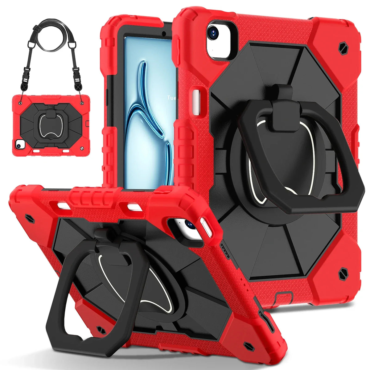 Triple-Layer iPad Protective Case with 360° Rotating Hand Grip, Integrated Kickstand & Shoulder Strap | Tempered Glass Screen Protector