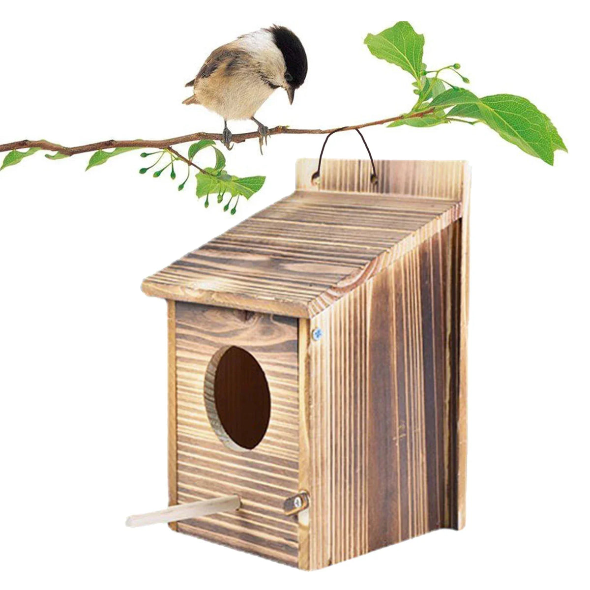 Wooden Bird Nest Box 8.7 in with Side Access Door for Outdoor Hanging Garden Backyard Patio Wildlife Habitat Natural Wood Shelter for Small