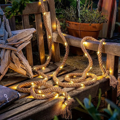 Solar LED String Lights 16 ft Hemp Rope 100 Bulbs 8-Color Modes Outdoor Garden Patio Deck Waterproof Auto On/Off for Backyard Party Wedding