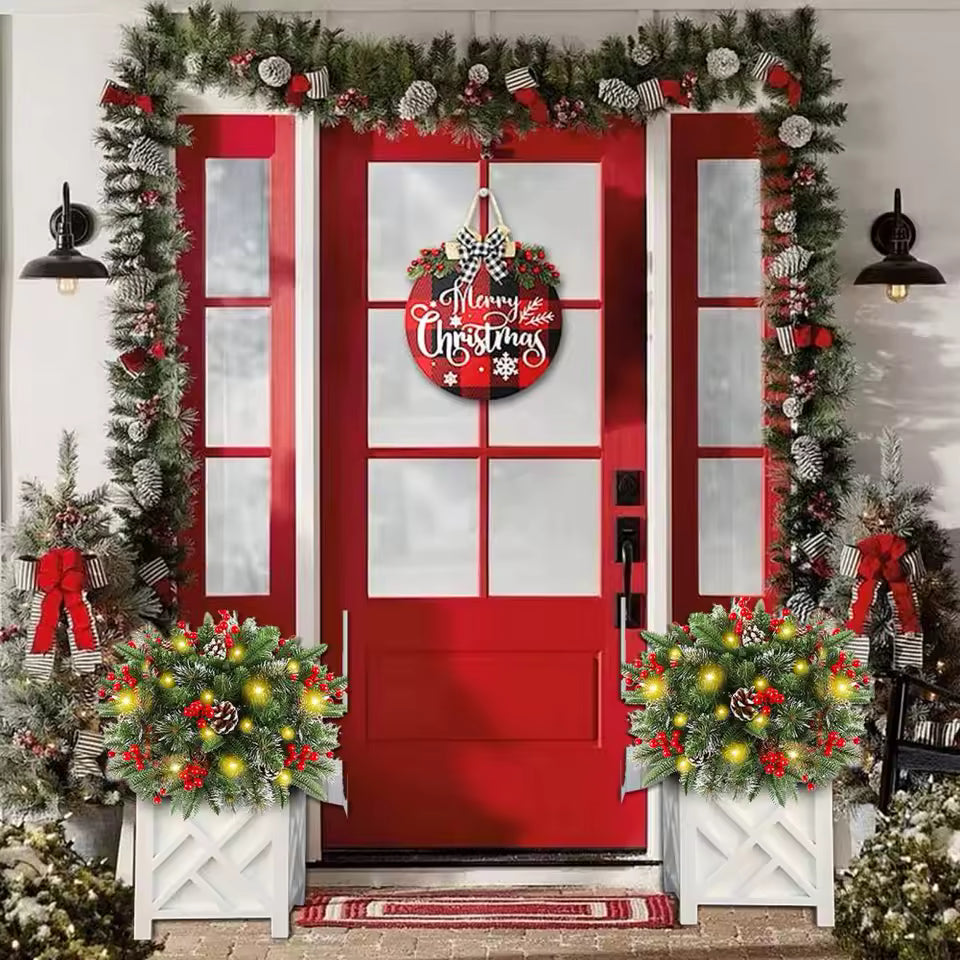 Illuminated Christmas Wreath with Stand for Planters & Holiday Display – 50 LED Lights & Timer