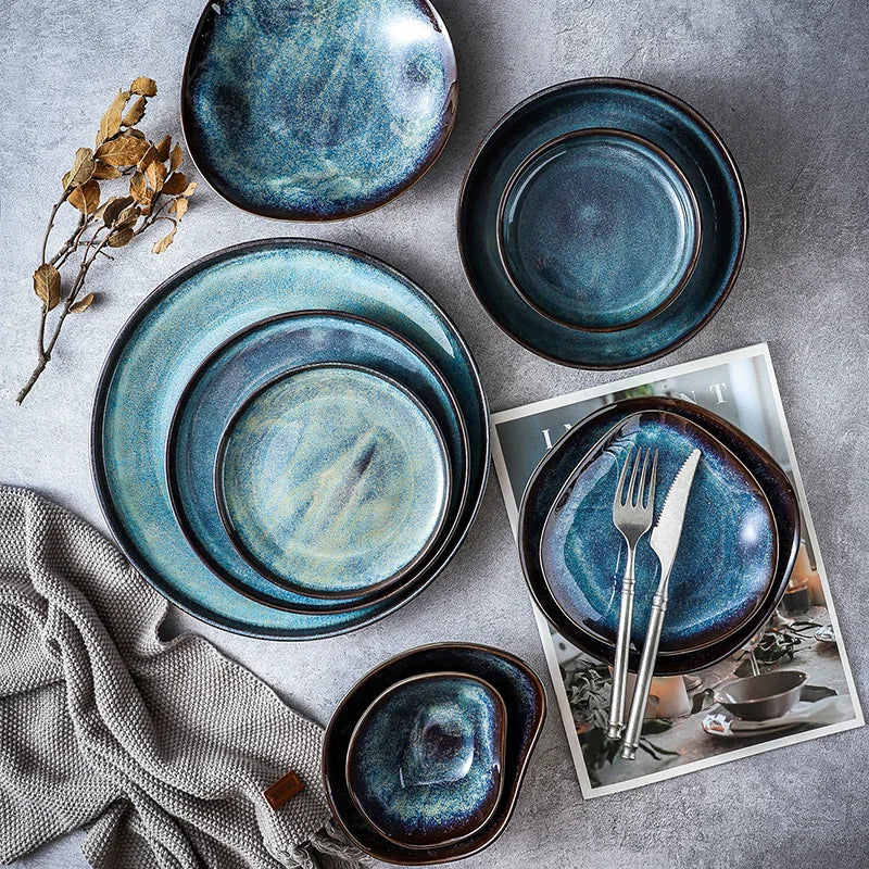 Porcelain Dinnerware Set 11-Piece Aqua Blue Plates Bowls Service for 4 Complete Kitchen Tableware Family Dining Entertaining Microwave Dishw