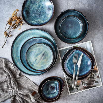Handcrafted Porcelain Tableware Set with Turquoise Glaze - 11-Piece Service for Dinner Parties & Family Meals - Microwave & Dishwasher Safe