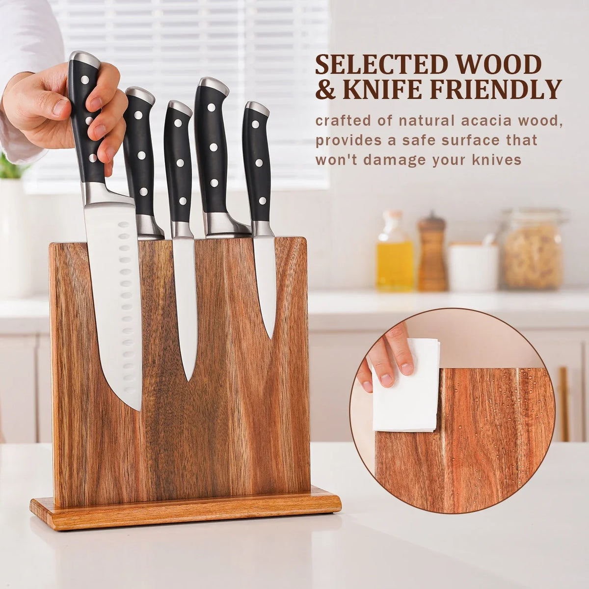 Acacia Wood Knife Organizer with Built-In Magnets for Kitchen Counter Vertical Blade Storage Stand Natural Hardwood Finish No-Drill Setup Sp