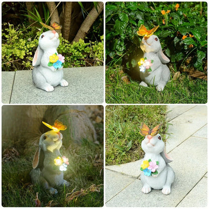 Solar Bunny Statue with LED Lights 9 Inch Tall White Gray Resin Weather-Resistant Outdoor Yard Decor Illuminated Butterfly Accent for Patio