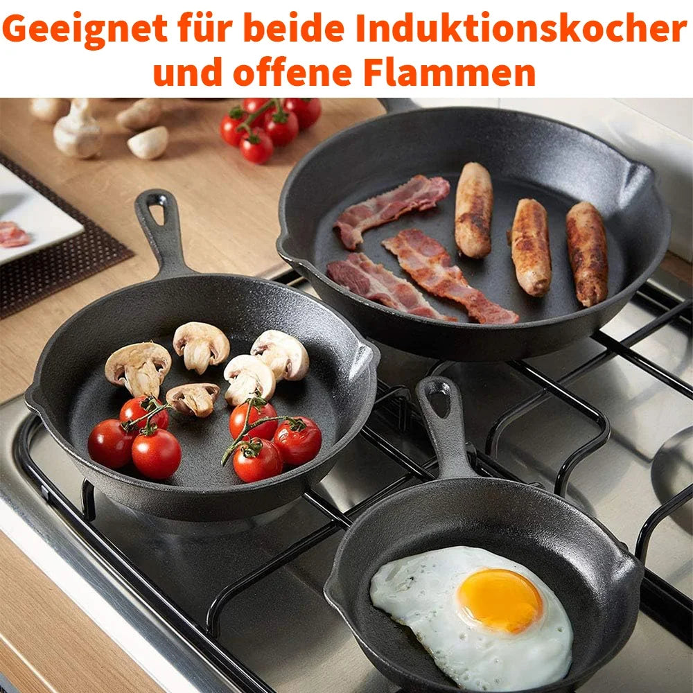 Three-Piece Skillet Set Uncoated Iron 6.3-Inch 7.9-Inch 10.2-Inch Black Multi-Cooktop Compatible Heat-Retaining Pan Collection