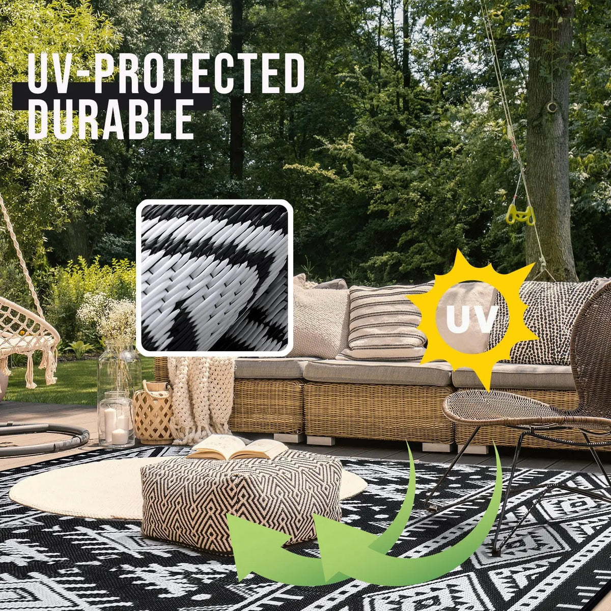 Woven Reversible Patio Mat with Braided Plastic Construction for Decks, Balconies & Camping | Weather-Resistant Geometric Floor Covering