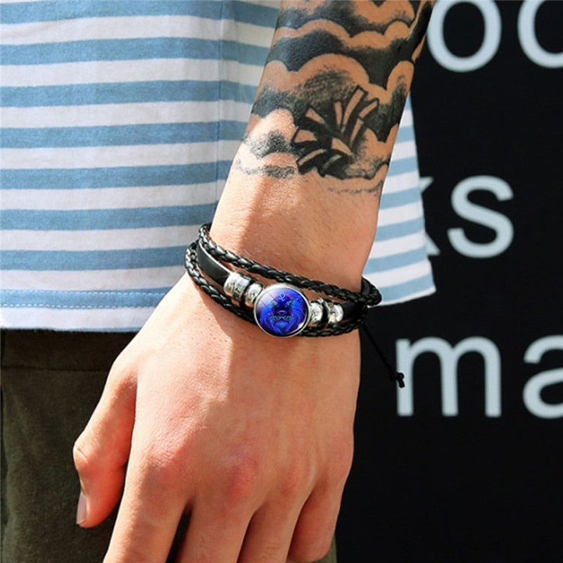 Adjustable Leather Zodiac Bracelet with Blue Stone Charm for Men & Women | Classic Wrist Cuff with Astrology Symbol | Handcrafted Steel &