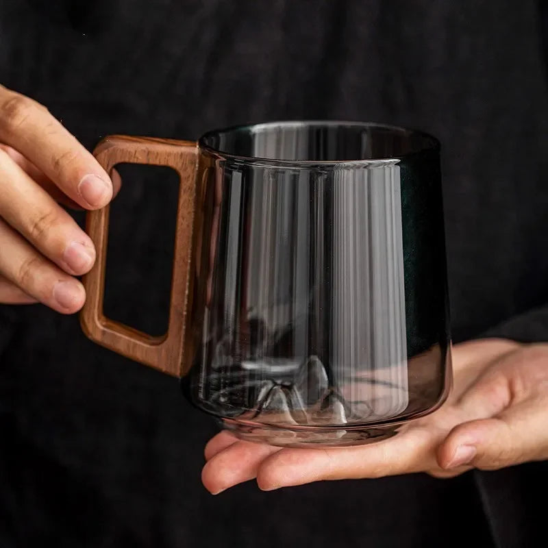 Insulated Borosilicate Glass Mug with Wood Grip 4-Inch Thermal Coffee Cup Peak Shape for Hot Beverages Kitchen Office