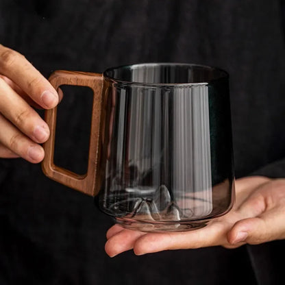 Insulated Borosilicate Glass Mug with Wood Grip 4-Inch Thermal Coffee Cup Peak Shape for Hot Beverages Kitchen Office