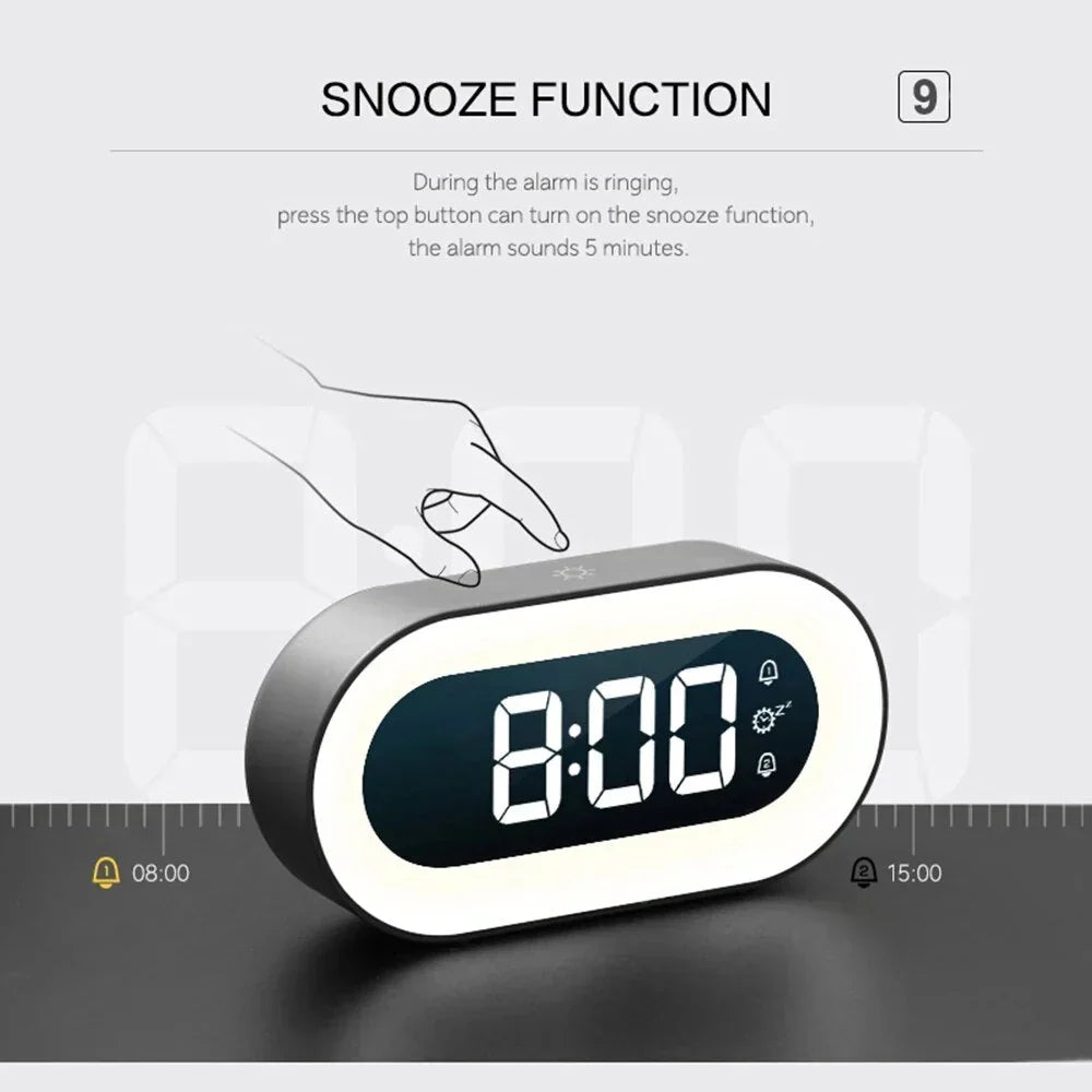 Digital LED Clock Rechargeable USB Bedside Wake-Up Timer with Calming Sounds & Adjustable Nightlight for Bedroom Travel Home Office