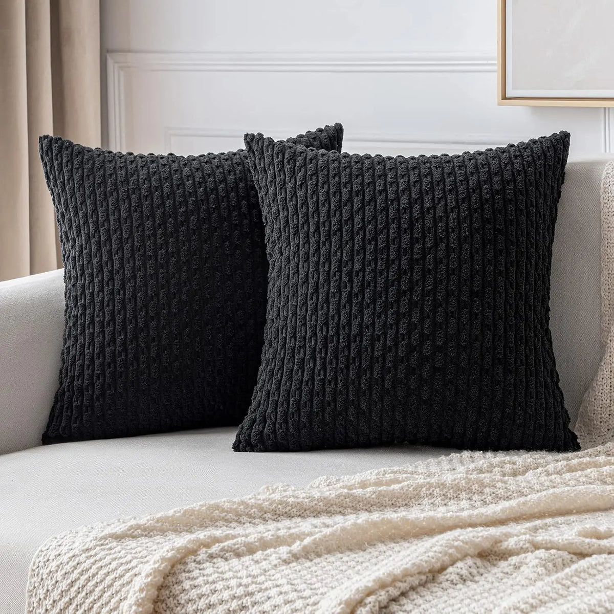 Ribbed Throw Pillow Cover 18×18 Inch Polyester Cotton Blend Textured Decorative Accent for Sofa Couch Armchair Bedroom Modern Scandinavian B
