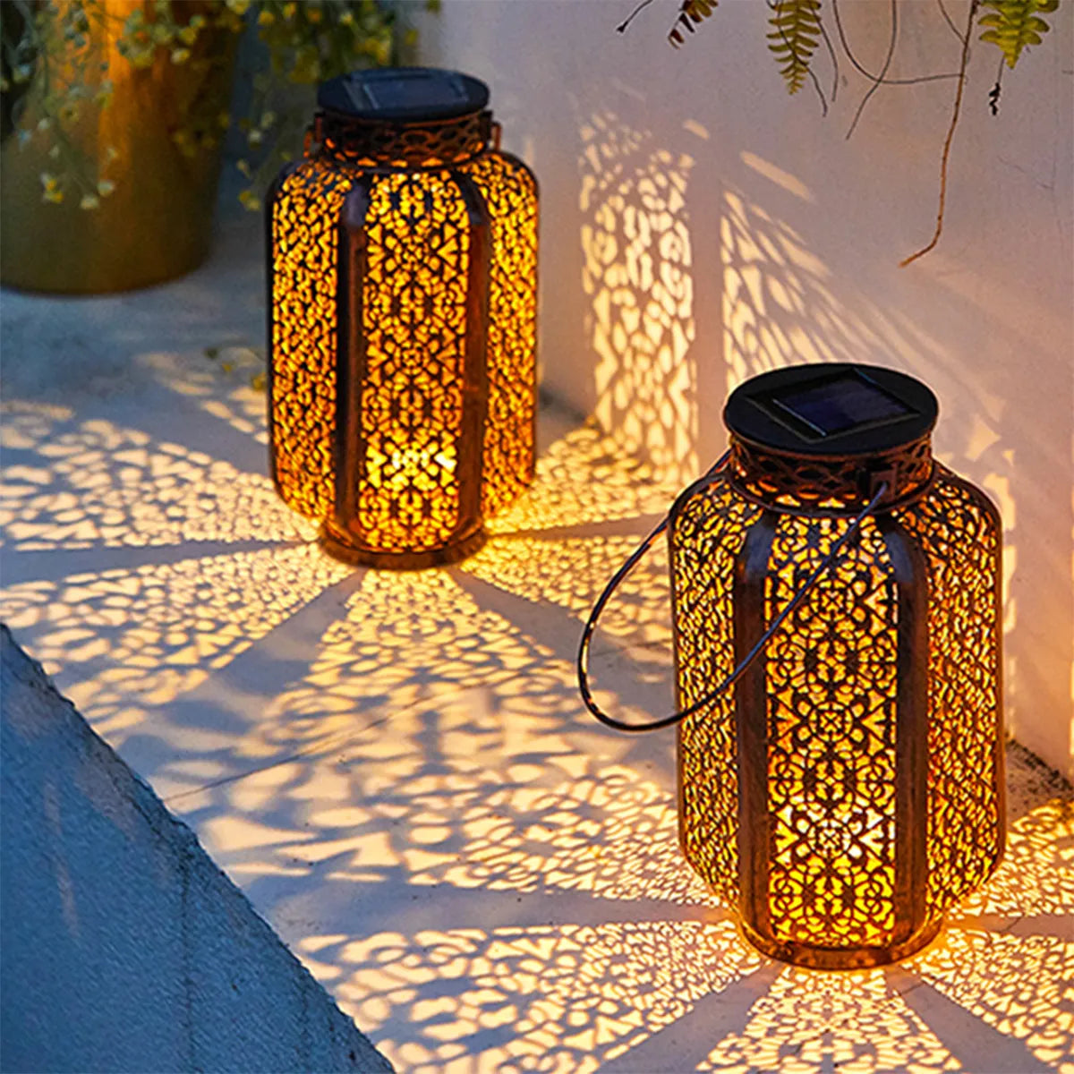Openwork Metal Solar Lantern 9.3 in Hanging or Tabletop Garden Patio Light Outdoor Decorative Moroccan-Inspired Design for Porch Balcony Pat