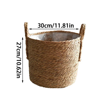 Handwoven Seagrass Basket with Handles for Indoor Plants Outdoor Pots Storage Organizer Natural Fiber Boho Decor Rustic Farmhouse