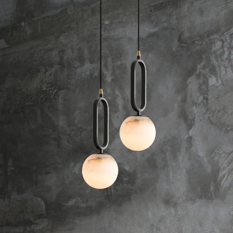 Stone Hanging Light Fixture Natural Marble Pendant with Copper Detail Black Gold for Kitchen Island Dining Room Bedroom Hotel Lobby Modern M