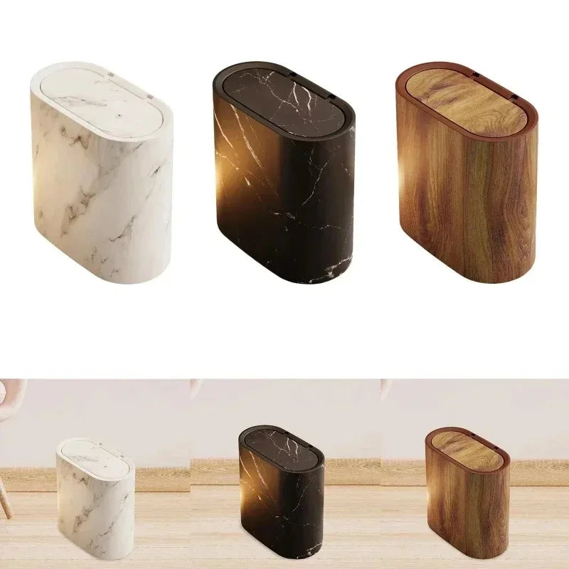 Push-Top Waste Basket with Marble-Look Finish – Slim Oval Design for Small Bathrooms, Bedrooms & Home Offices