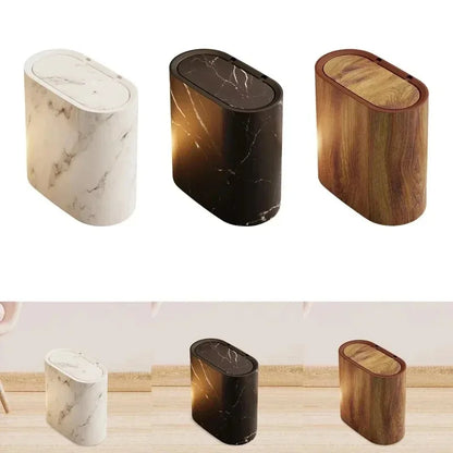 Push-Top Waste Basket with Marble-Look Finish – Slim Oval Design for Small Bathrooms, Bedrooms & Home Offices