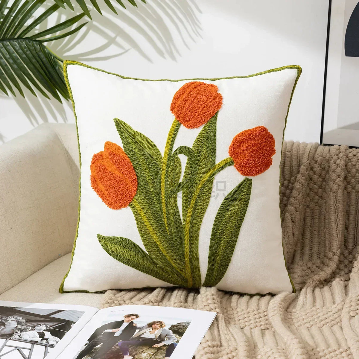 Floral Embroidered Throw Pillow Cover 18x18 Inches Cotton Canvas White Decorative Cushion Case for Couch Bed Chair Farmhouse Modern Living R