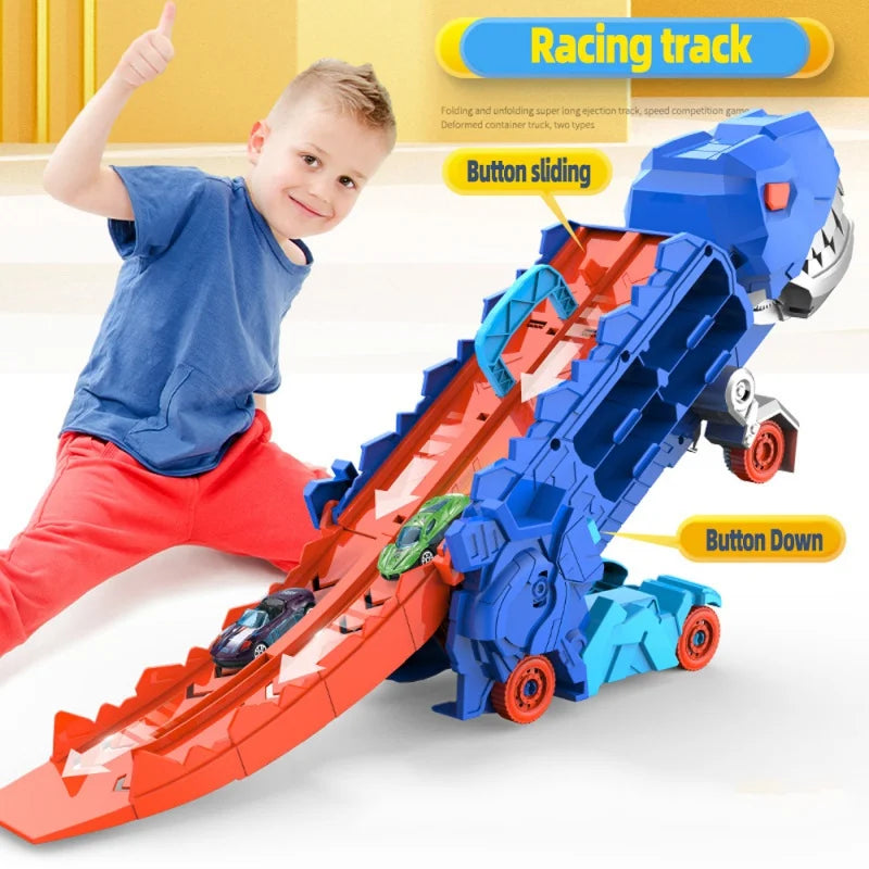 Dinosaur Car Launcher Storage Set with Folding Track ABS Plastic Toy for Kids Ages 3+ Boys Girls Playroom Bedroom Transforming Vehicle Racer