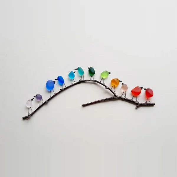 Sea Glass Bird Figurines on Driftwood Branch – Handcrafted Coastal Wall Art with Reclaimed Ocean Glass – 8, 10, or 12 Birds