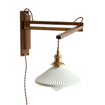 Extending Wall Sconce with Ribbed Glass Shade and Wood Arm for Bedroom, Living Room & Hallway Reading Light