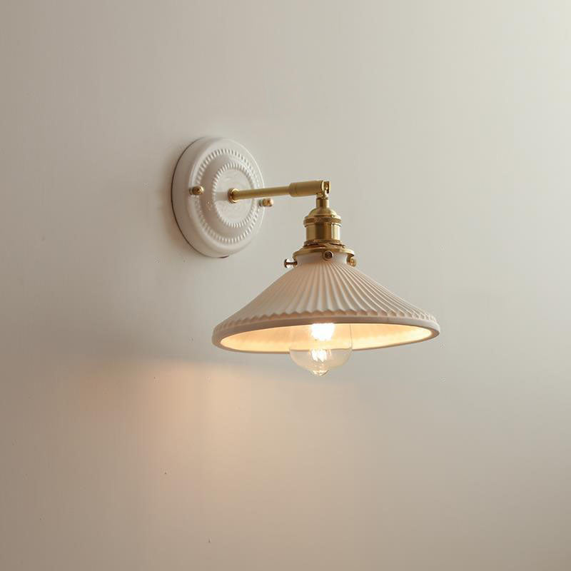 Pleated Shade Wall Sconce Lamp with Brass Arm for Bedroom Living Room & Study | Retro Japanese Style Ceramic Fixture
