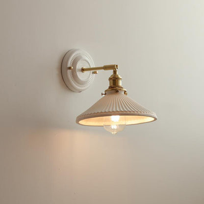 Pleated Shade Wall Sconce Lamp with Brass Arm for Bedroom Living Room & Study | Retro Japanese Style Ceramic Fixture