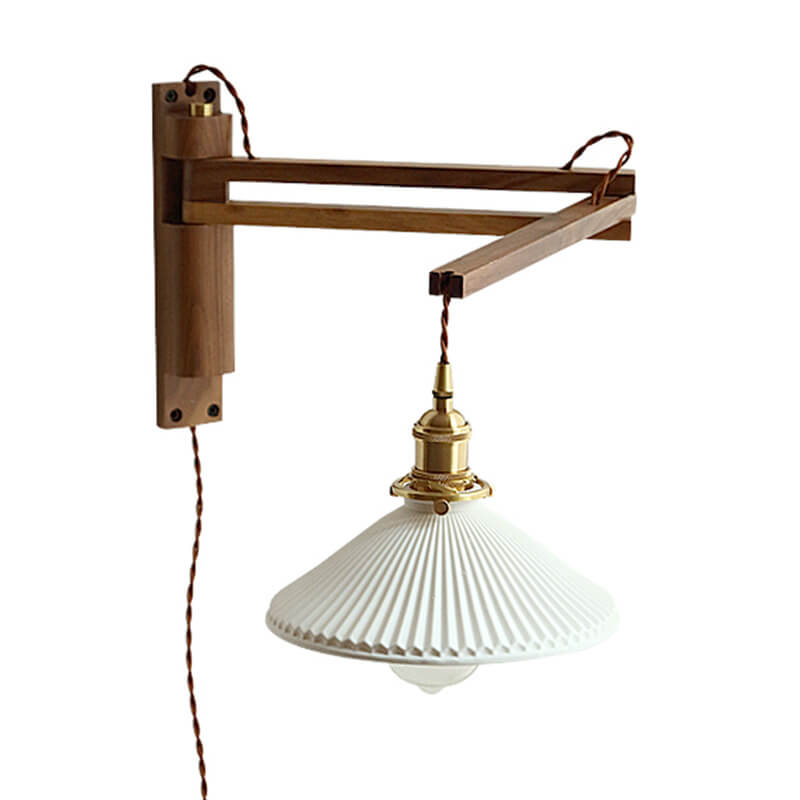 Swing-Arm Sconce with Ribbed Glass Shade 8.3 Inch Light Wood Walnut Brass Accent Fixture for Bedroom Hallway Entryway Reading Adjustable Mou