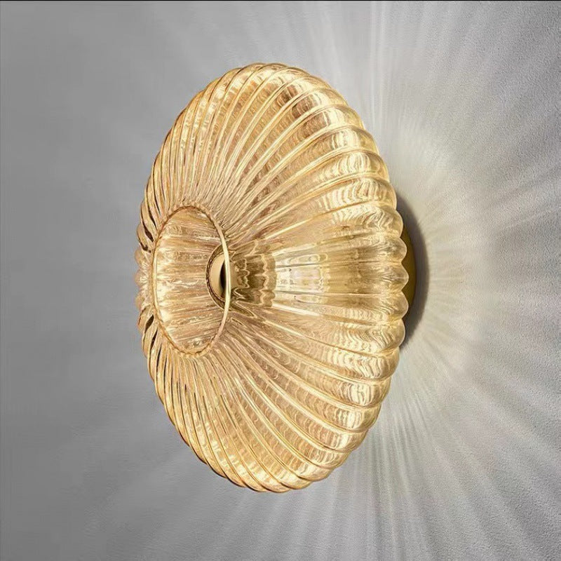 Ribbed Glass Disc Wall Light with Metal Mount | Scandi Minimalist Accent Lamp for Bedroom, Entryway & Hallway | Hardwired E26 Socket