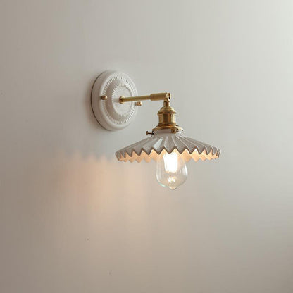 Pleated Shade Wall Sconce Lamp with Brass Arm for Bedroom Living Room & Study | Retro Japanese Style Ceramic Fixture
