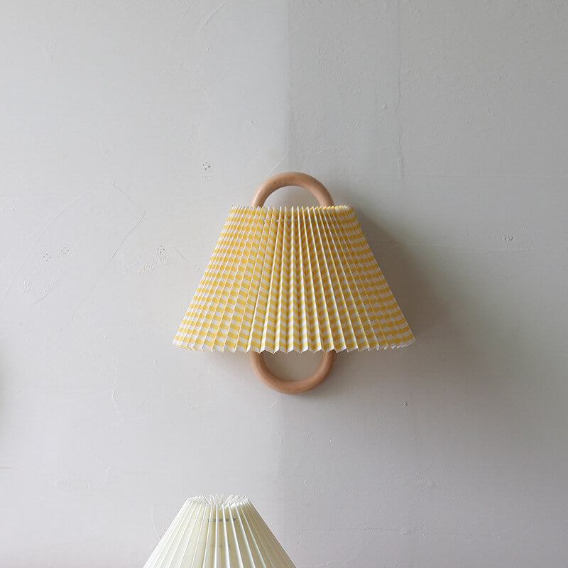 Fabric Half-Moon Wall Sconce with Natural Wood Backplate for Bedroom & Living Room