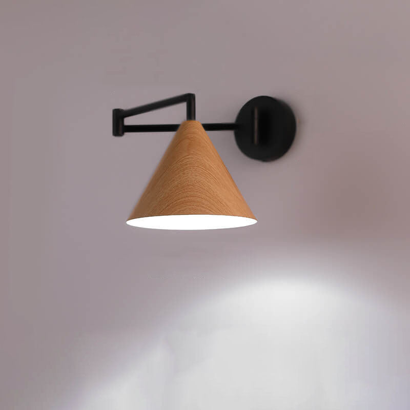 Swing Arm Wall Sconce with Conical Shade for Bedside Reading, Adjustable Iron Fixture in Walnut Finish, E26 Base, Bedroom Task Light