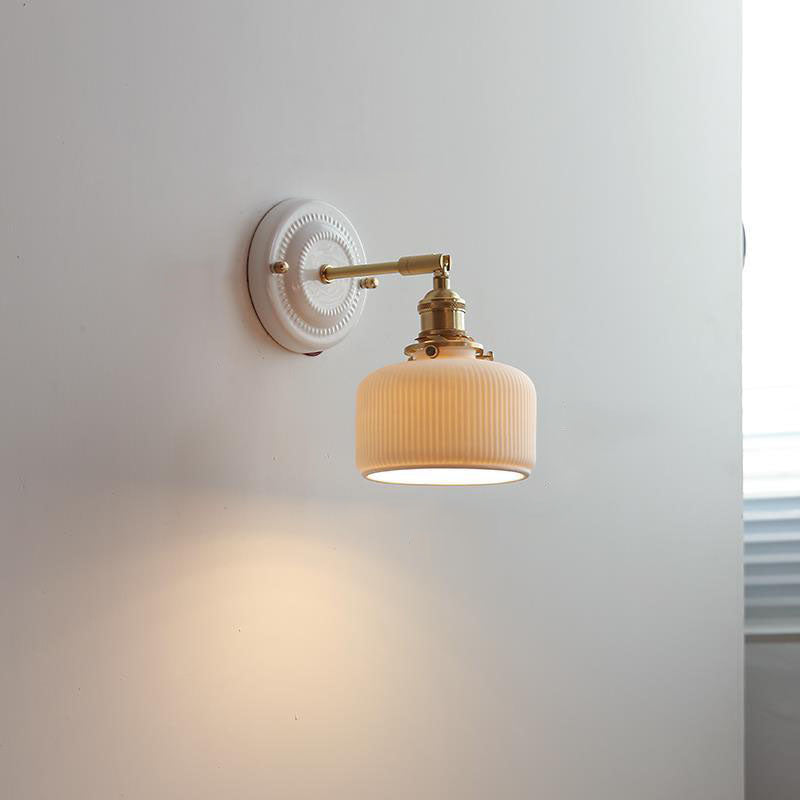 Handcrafted Porcelain Shade Brass Wall Light Fixture Single Bulb Hardwired Sconce for Bedroom Hallway Entryway Vintage Home Decor
