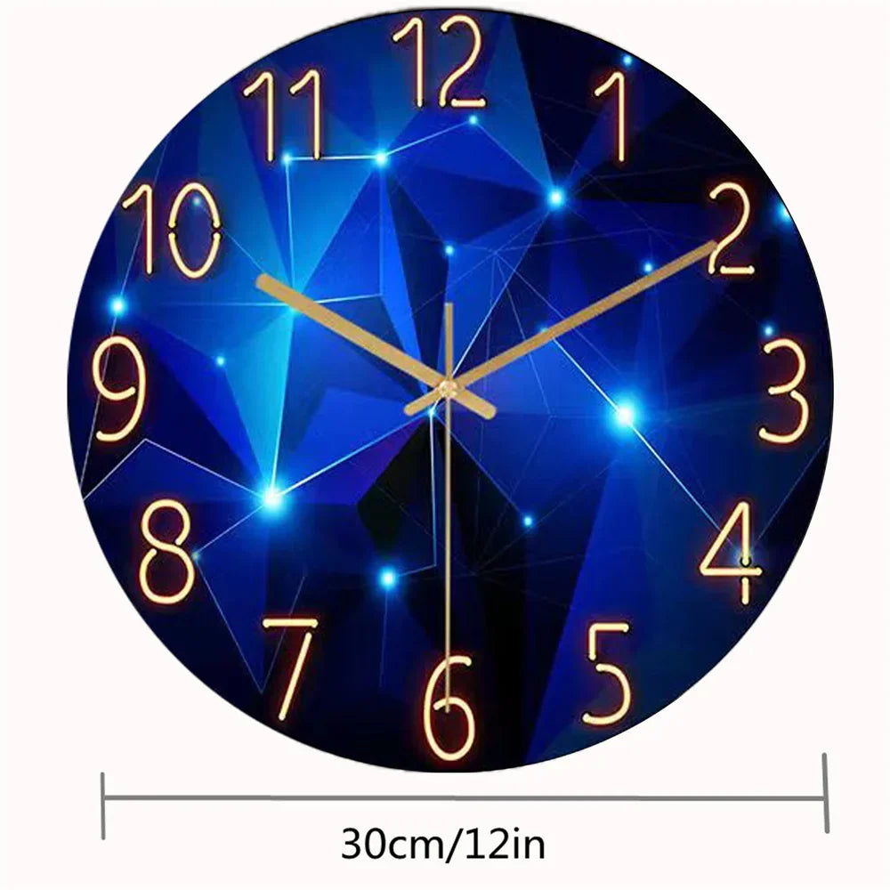 Geometric Quartz Timepiece Navy Blue 12 Inch Round Glass Face Gold Hands Whisper Quiet Analog for Bedroom Office Apartment Contemporary Home