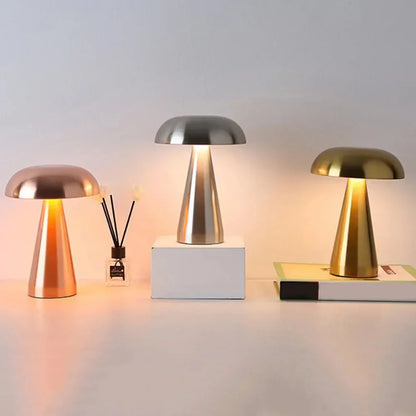 Rechargeable Mushroom LED Desk Lamp with Touch Control – 8 in Cordless Metal Nightlight – 3 Lighting Modes Warm Neutral Cool for Bedroom Off