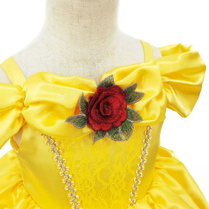Girls Princess Gown Costume with Tiara and Gloves – Complete Belle-Inspired Dress-Up Set for Birthday Parties, Halloween, Cosplay & Special