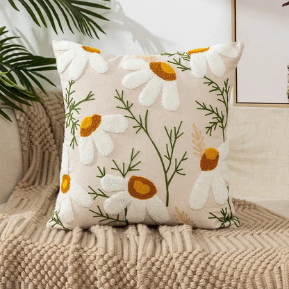 Floral Embroidered Throw Pillow Cover 18x18 Inches Cotton Canvas White Decorative Cushion Case for Couch Bed Chair Farmhouse Modern Living R