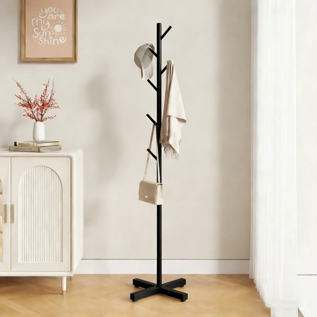Tall Metal Hall Tree with 8 Hooks 66 Inches Freestanding Entryway Coat Hanger for Jackets Bags Scarves & Accessories Modern Vertical Garment
