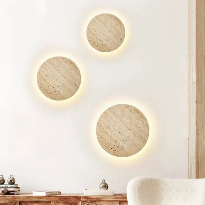 Round Stone Wall Sconce with Integrated Warm LED Light for Bedroom Hallway Living Room Modern Minimalist Travertine Fixture Indoor Ambient L